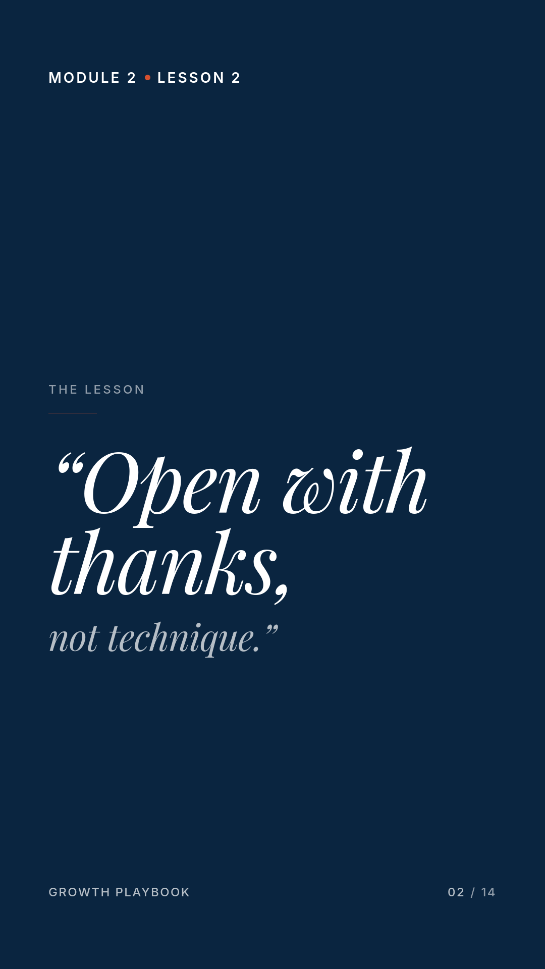 Card 1 of 6: “Open with thanks, not technique.”