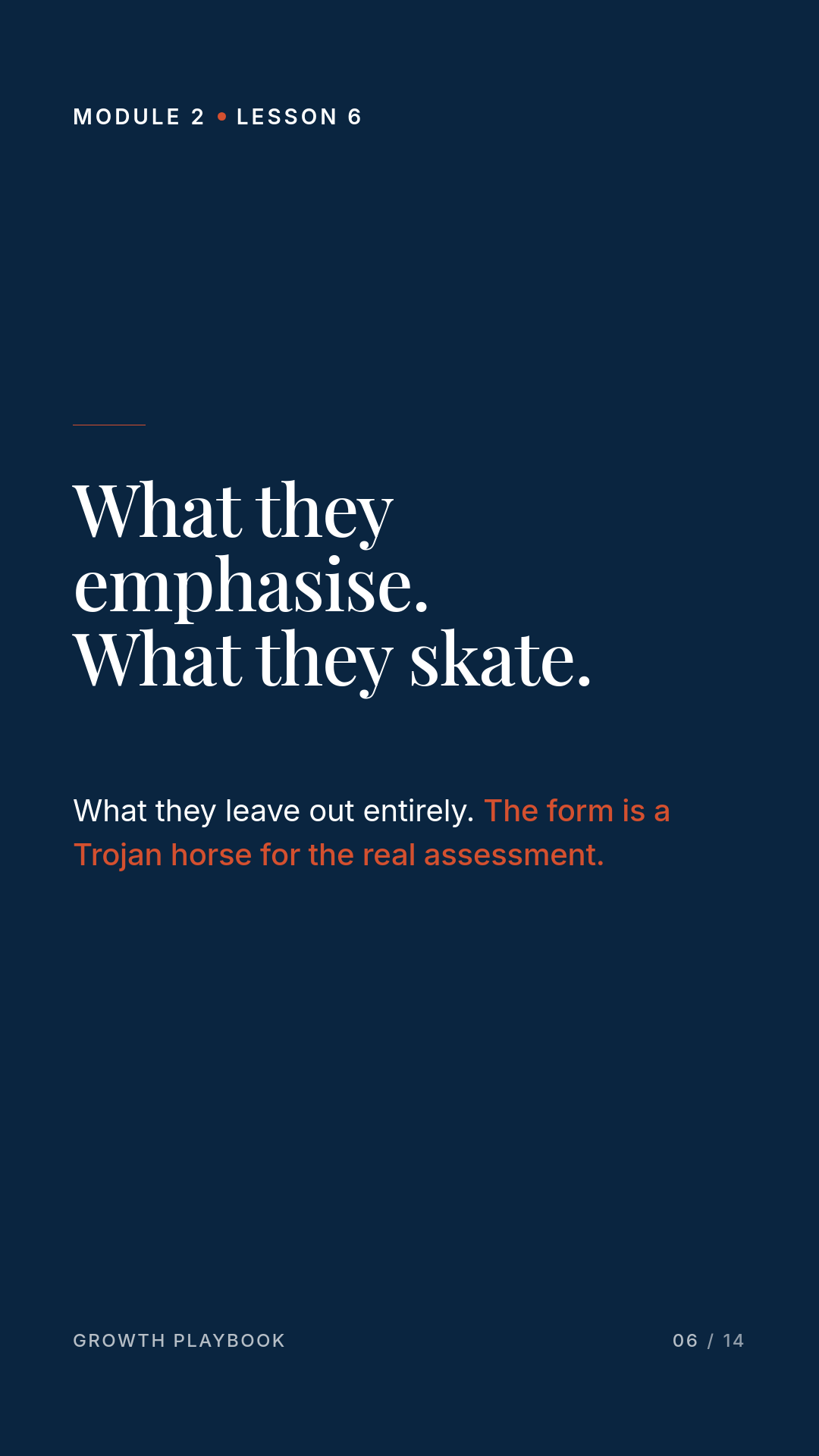 Card 4 of 7: What they emphasise. What they skate. What they leave out entirely. The form is a Trojan horse for the real assessment.