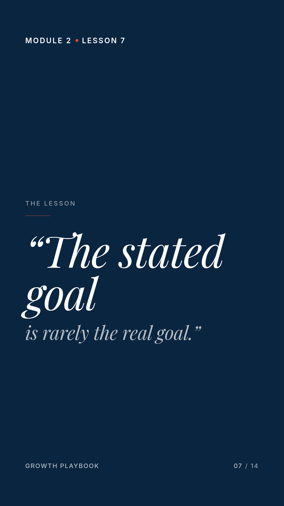 Card 1 of 6: “The stated goal is rarely the real goal.”