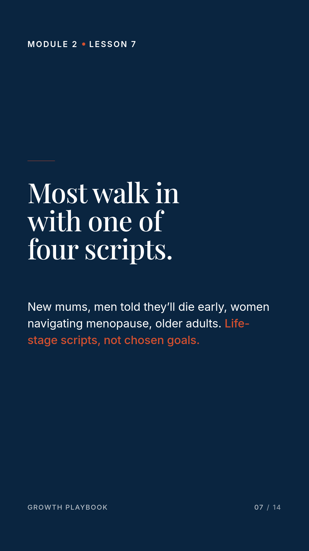 Card 2 of 6: Most walk in with one of four scripts. New mums, men told they’ll die early, women navigating menopause, older adults. Life-stage scripts, not chosen goals.
