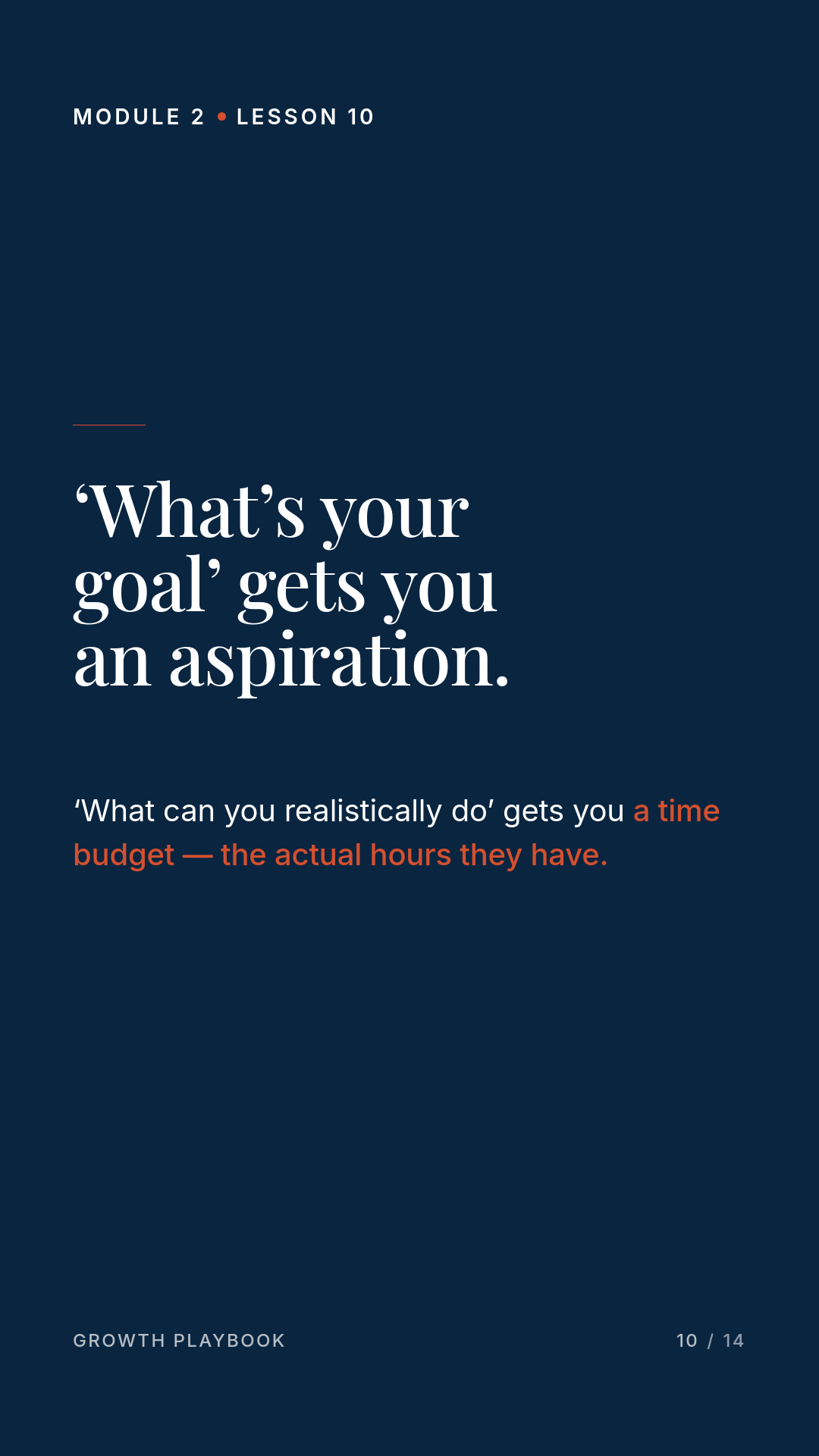 Card 2 of 6: ‘What’s your goal’ gets you an aspiration. ‘What can you realistically do’ gets you a time budget — the actual hours they have.