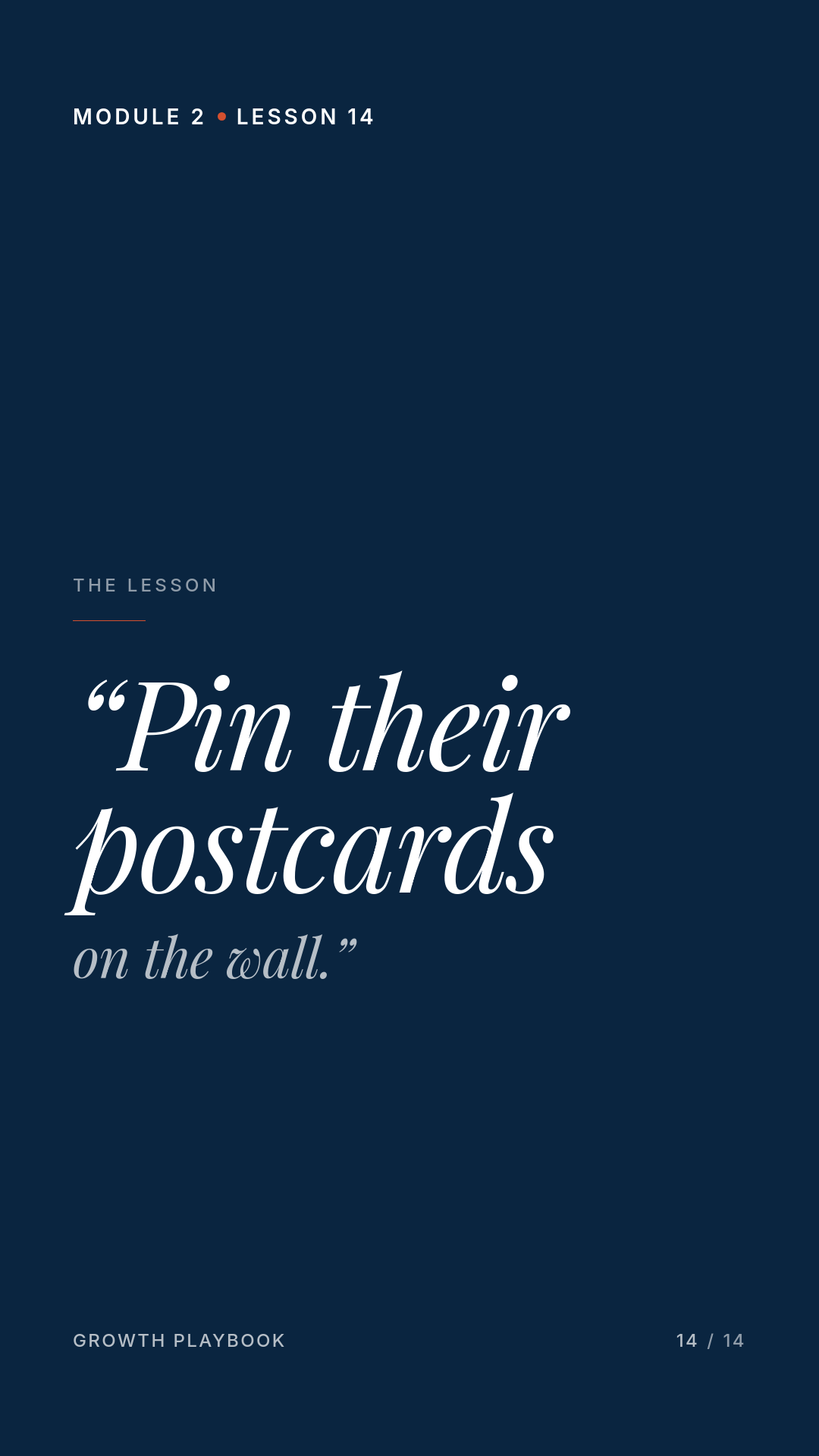 Card 1 of 6: “Pin their postcards on the wall.”