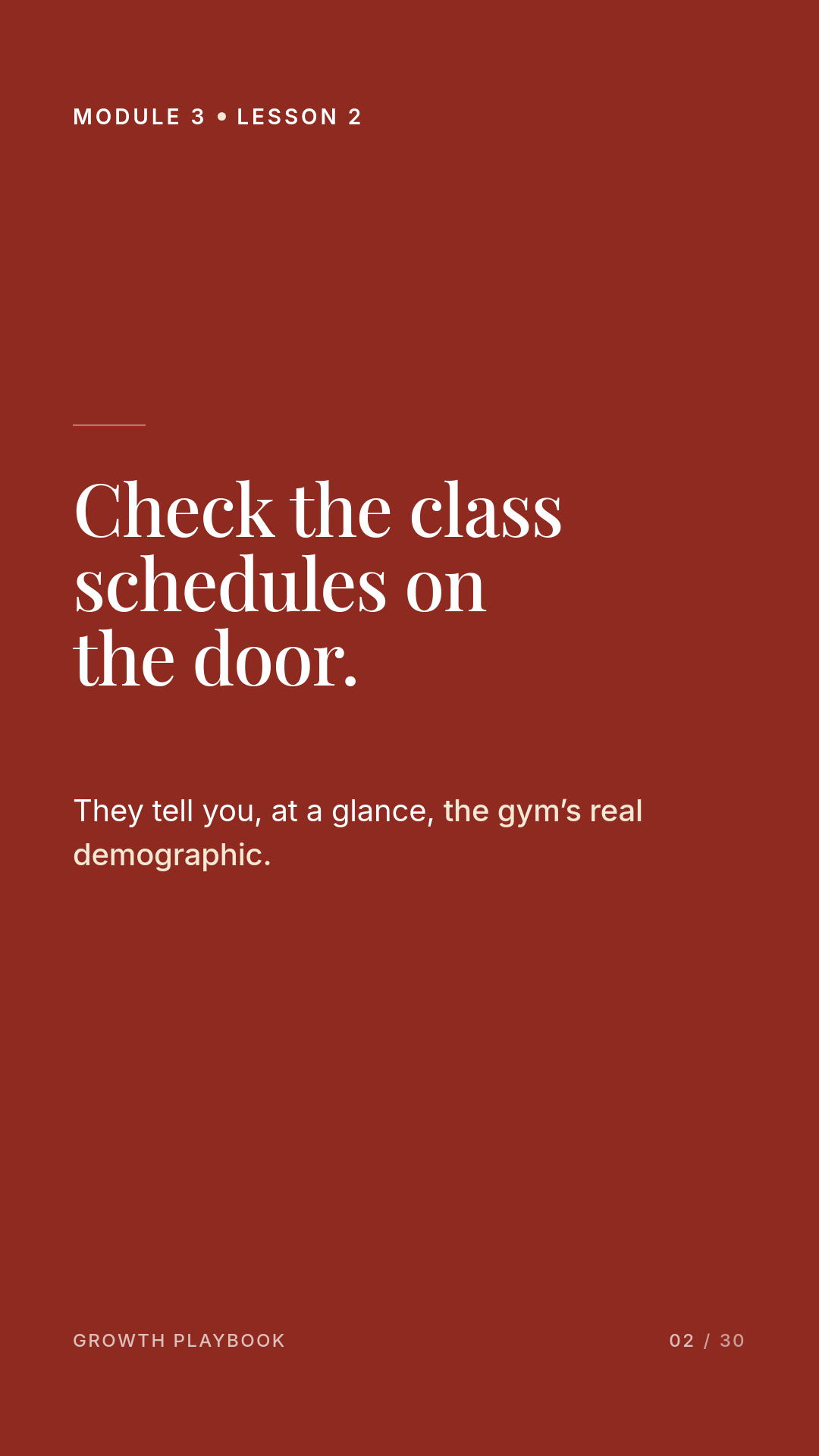 Card 4 of 8: Check the class schedules on the door. They tell you, at a glance, the gym’s real demographic.
