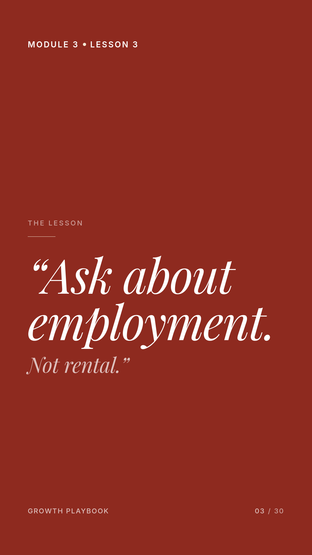 Card 1 of 11: “Ask about employment. Not rental.”