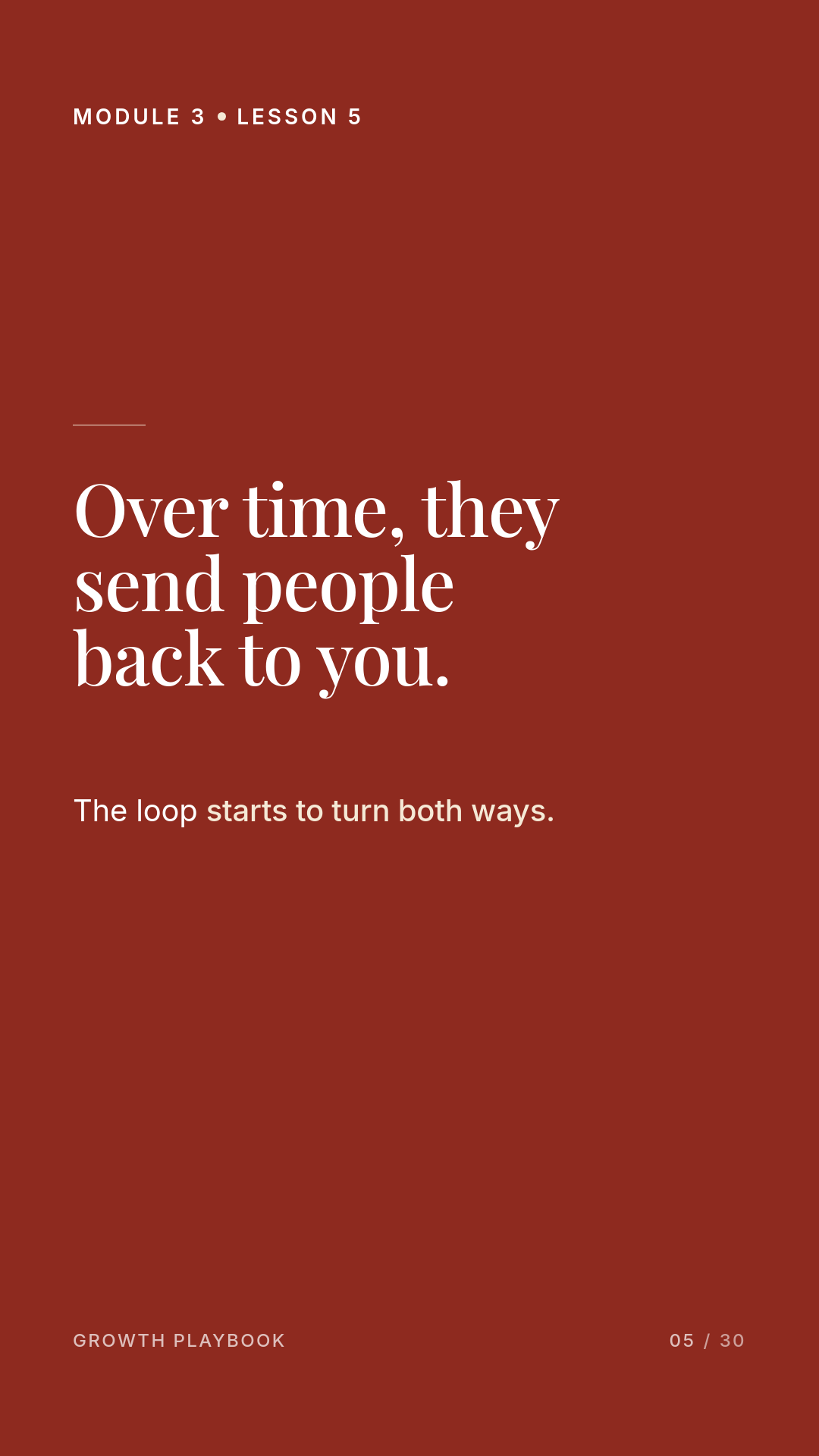 Card 6 of 12: Over time, they send people back to you. The loop starts to turn both ways.