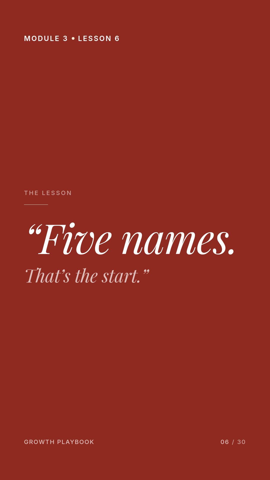 Card 1 of 7: “Five names. That’s the start.”