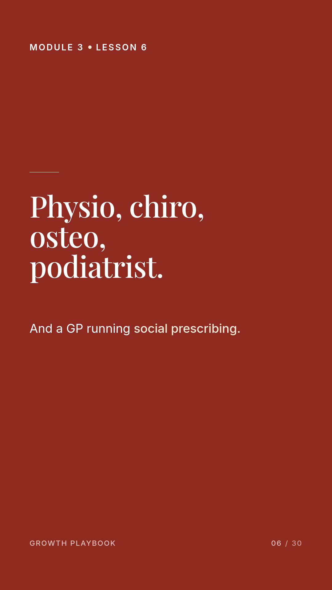 Card 3 of 7: Physio, chiro, osteo, podiatrist. And a GP running social prescribing.