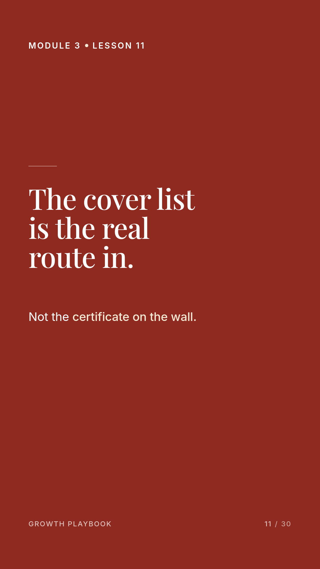 Card 7 of 11: The cover list is the real route in. Not the certificate on the wall.