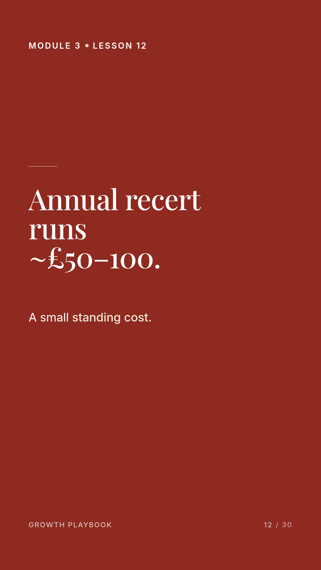 Card 8 of 12: Annual recert runs ~£50–100. A small standing cost.