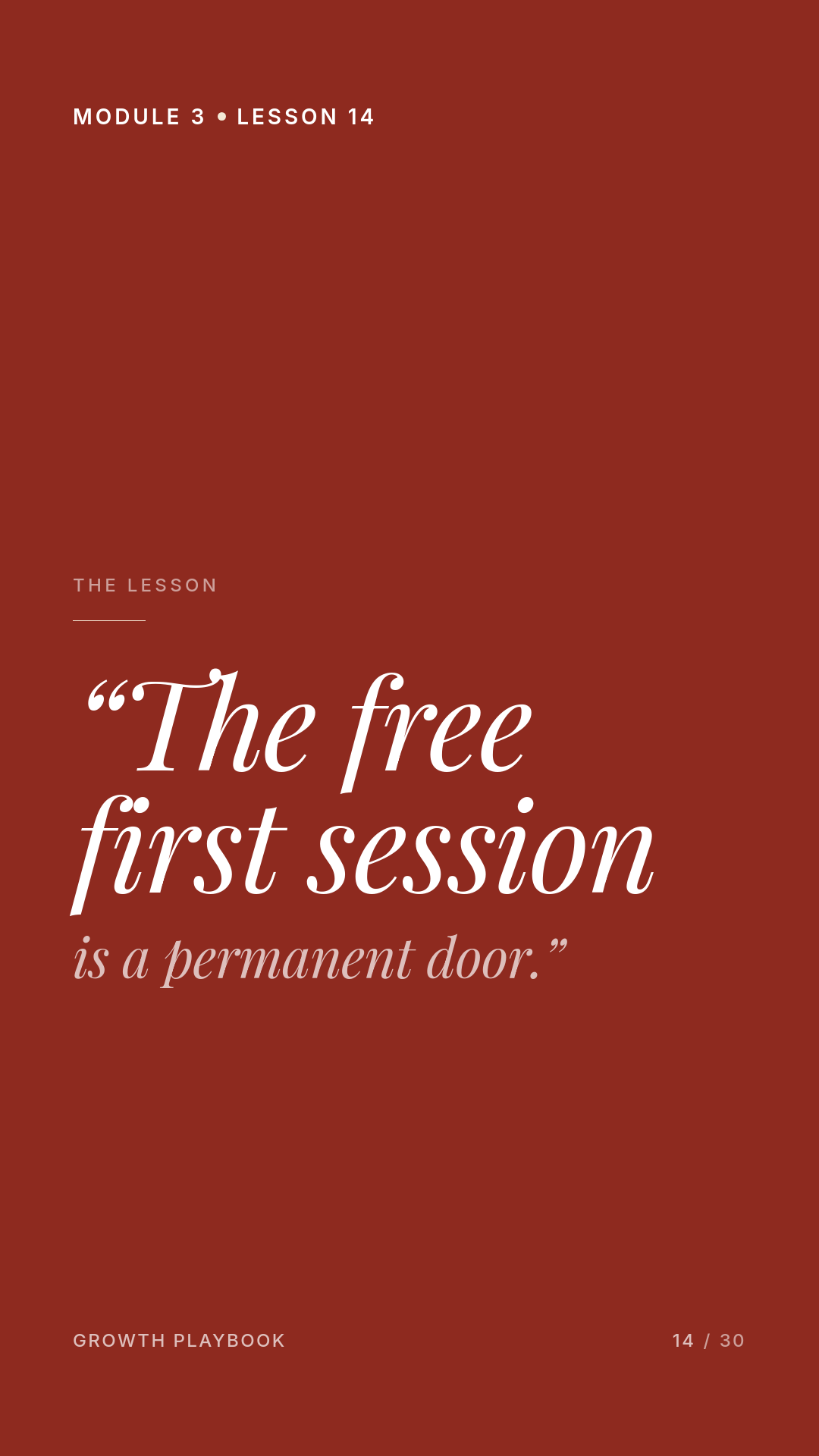 Card 1 of 8: “The free first session is a permanent door.”