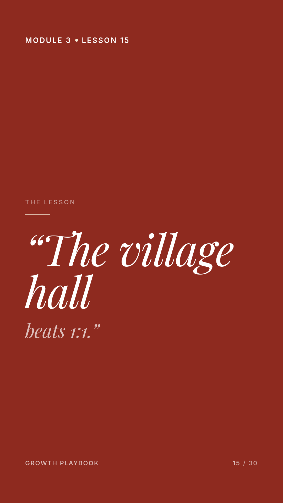 Card 1 of 12: “The village hall beats 1:1.”