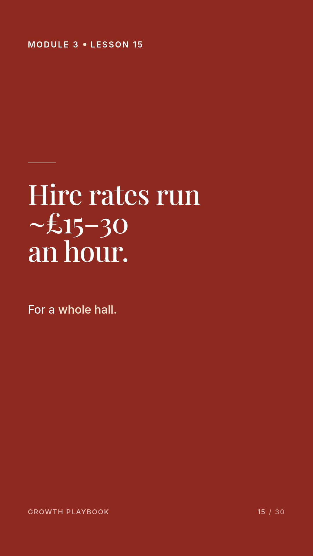 Card 3 of 12: Hire rates run ~£15–30 an hour. For a whole hall.