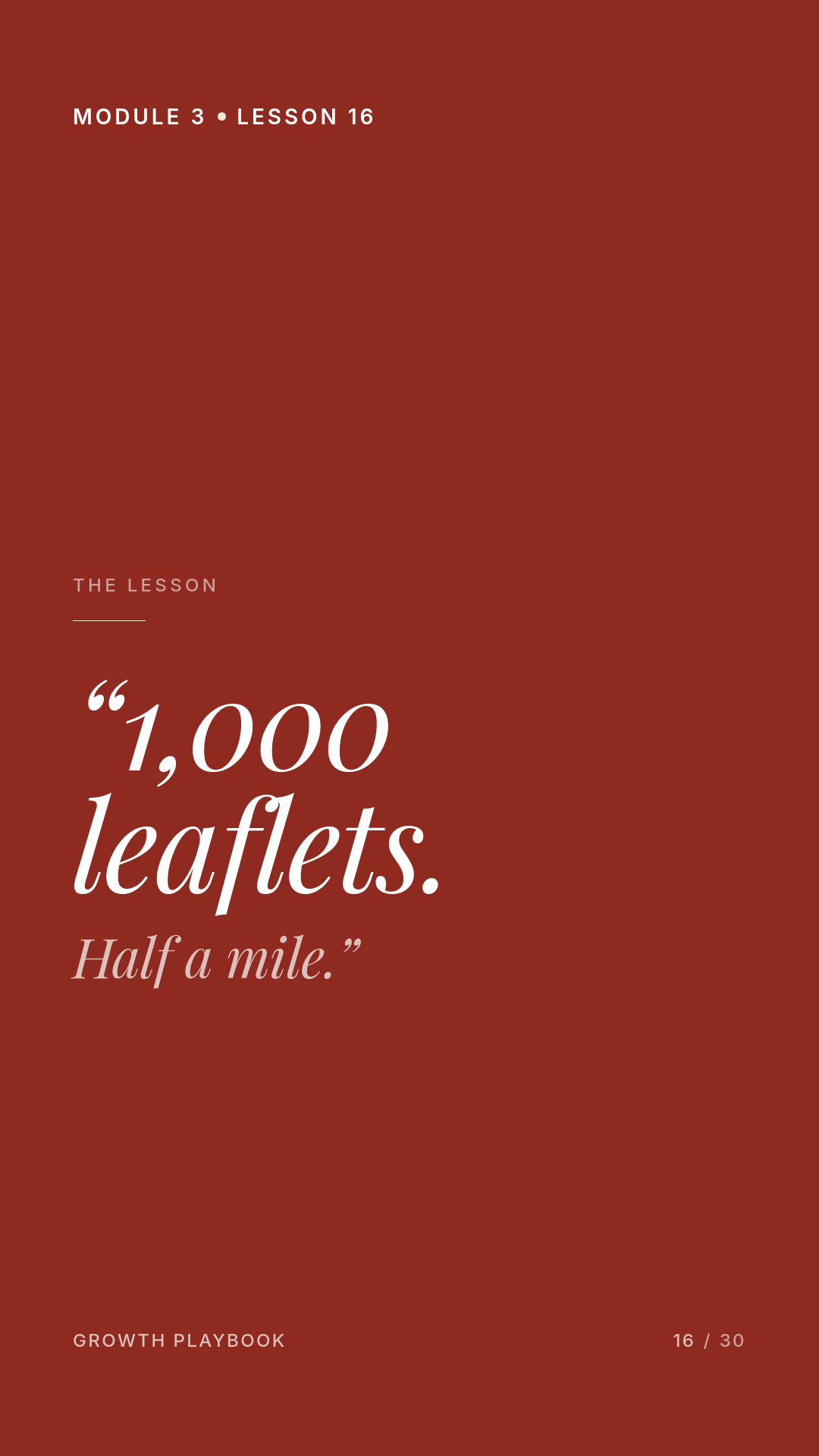 Card 1 of 14: “1,000 leaflets. Half a mile.”