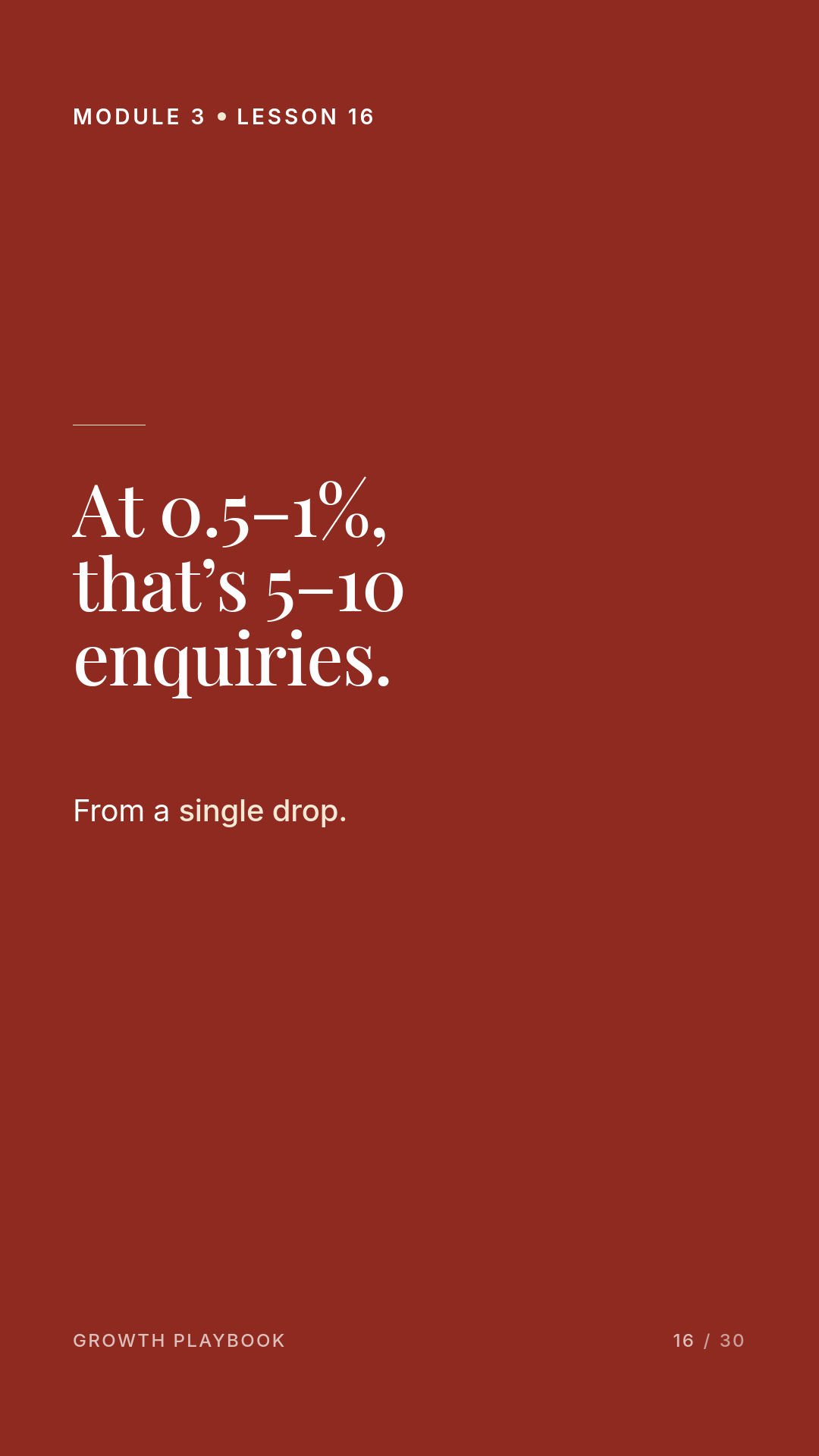 Card 7 of 14: At 0.5–1%, that’s 5–10 enquiries. From a single drop.