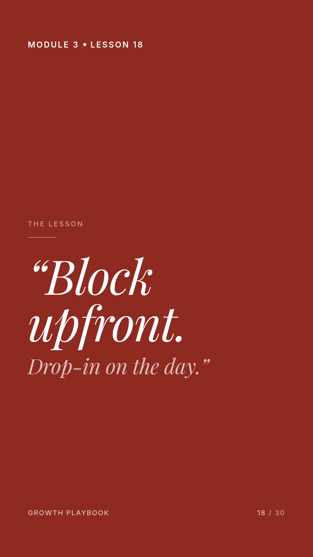 Card 1 of 12: “Block upfront. Drop-in on the day.”