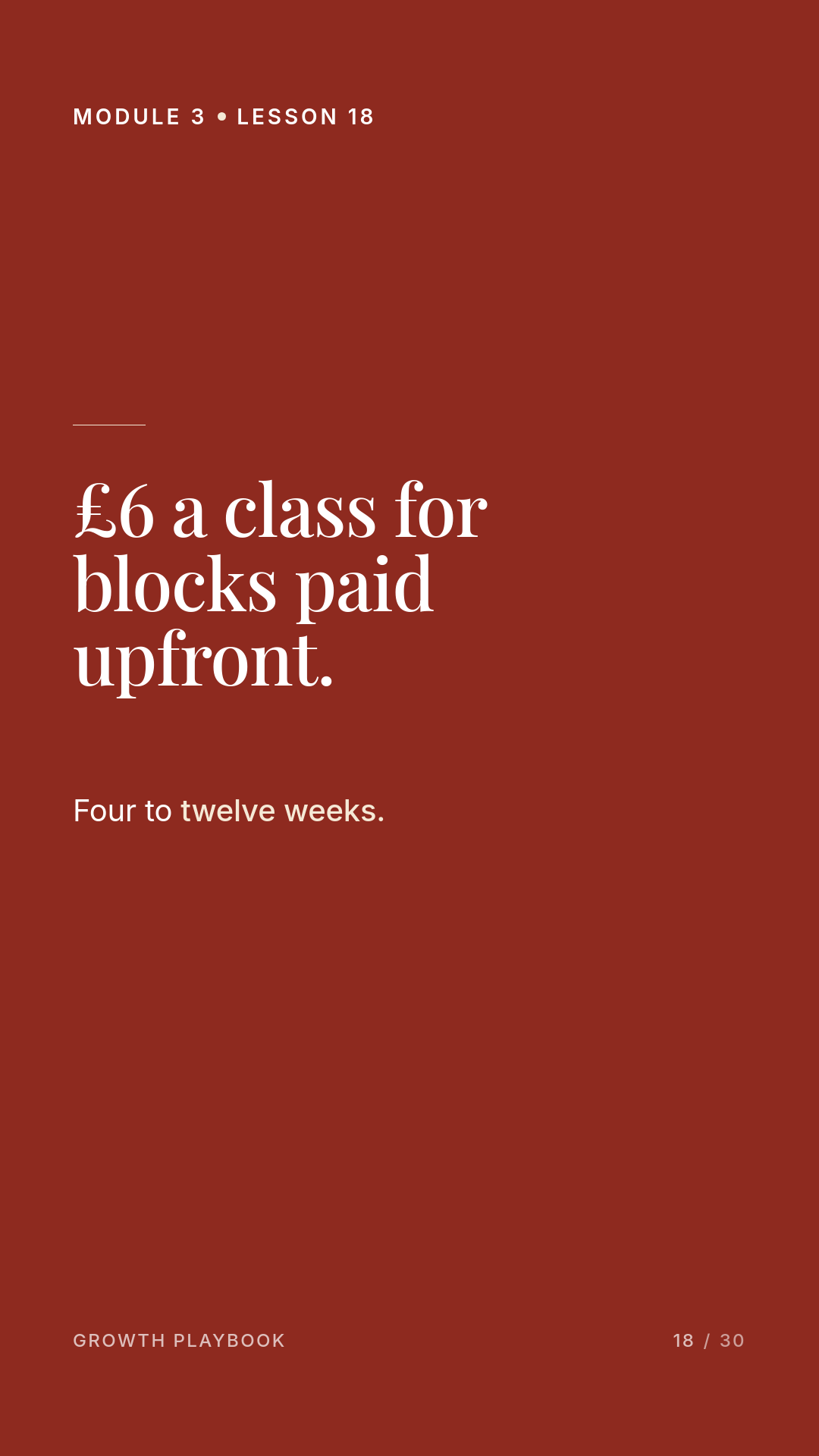 Card 2 of 12: £6 a class for blocks paid upfront. Four to twelve weeks.