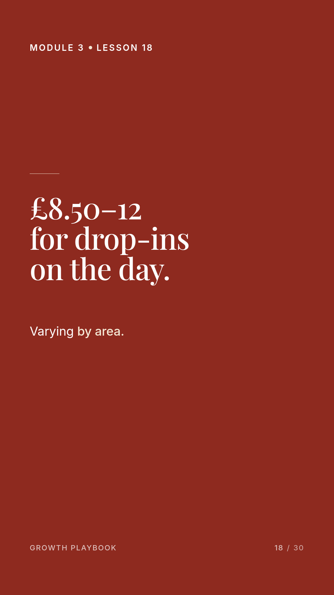 Card 3 of 12: £8.50–12 for drop-ins on the day. Varying by area.