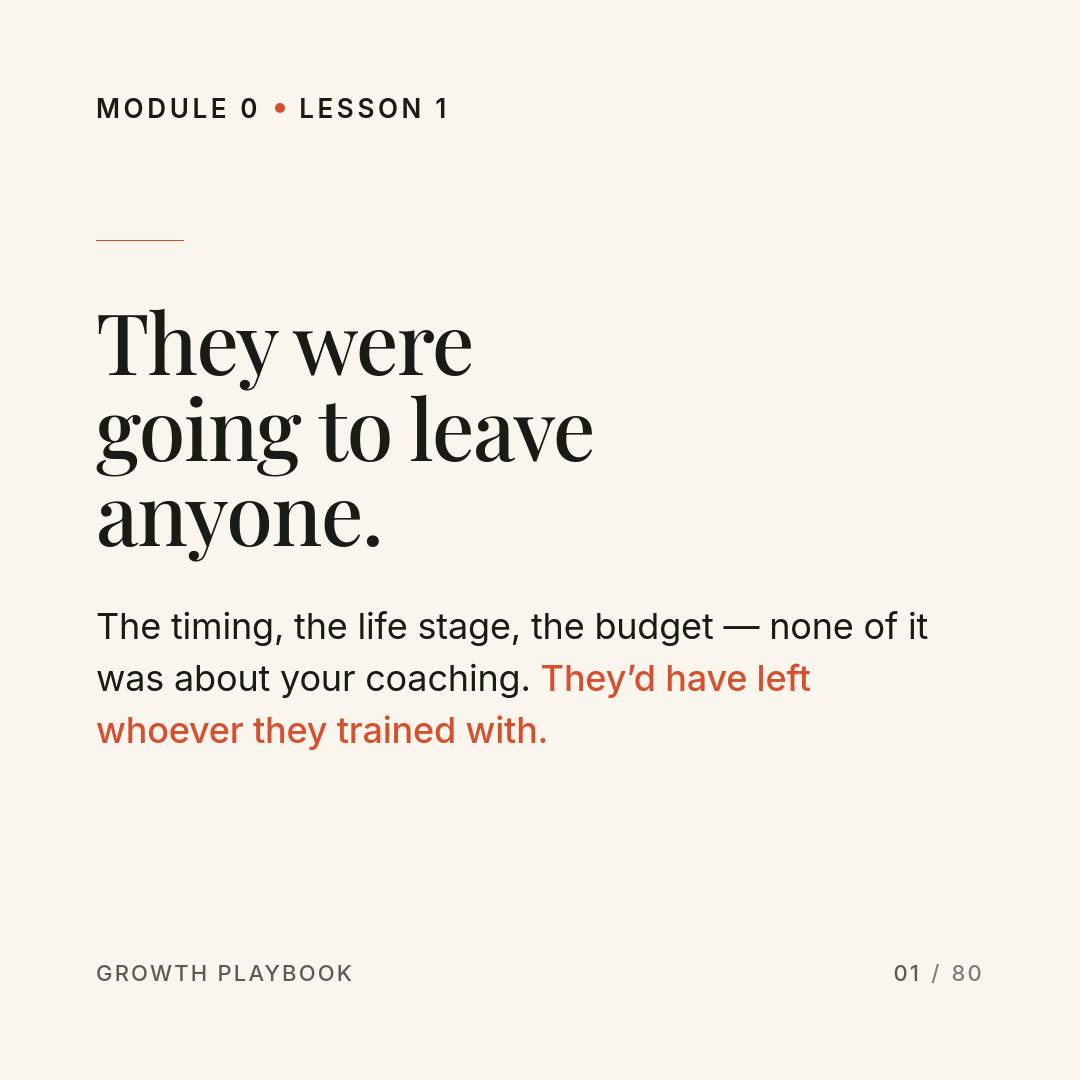 Card 3 of 8: They were going to leave anyone. The timing, the life stage, the budget — none of it was about your coaching. They’d have left whoever they trained with.
