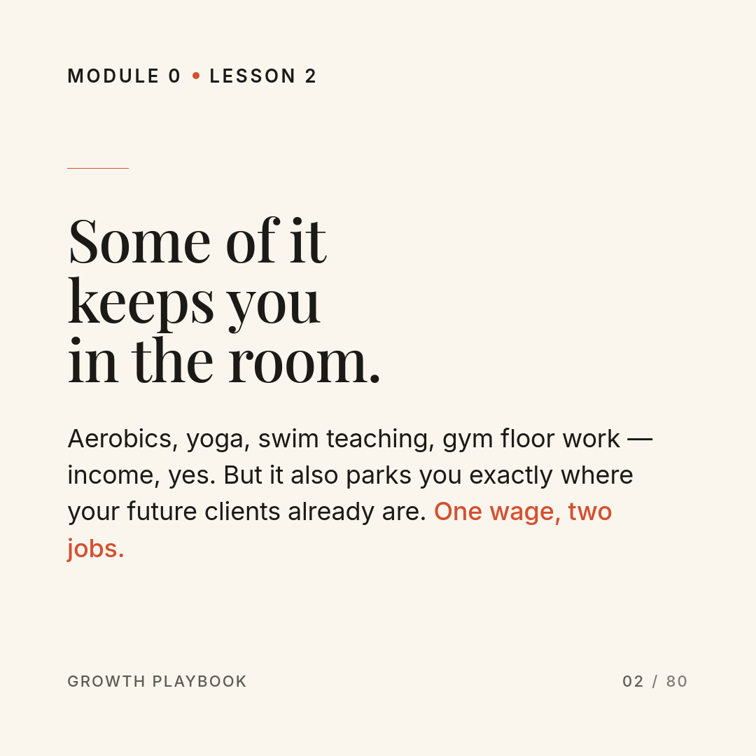 Card 4 of 13: Some of it keeps you in the room. Aerobics, yoga, swim teaching, gym floor work — income, yes. But it also parks you exactly where your future clients already are. One wage, two jobs.