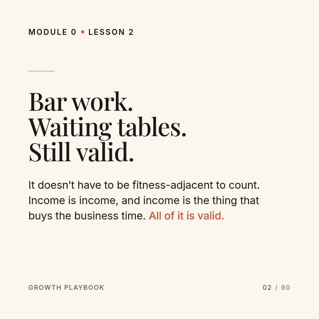 Card 5 of 13: Bar work. Waiting tables. Still valid. It doesn’t have to be fitness-adjacent to count. Income is income, and income is the thing that buys the business time. All of it is valid.