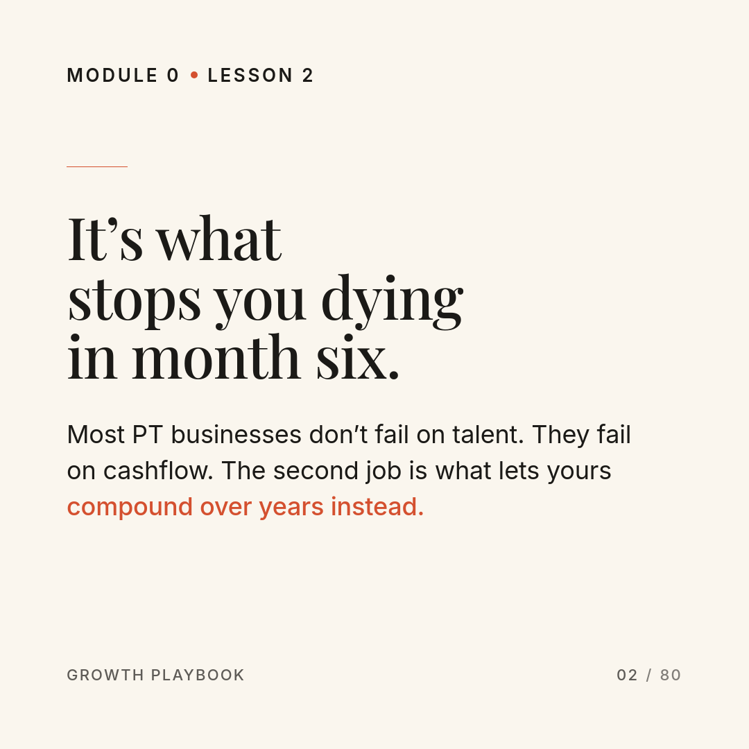 Card 8 of 13: It’s what stops you dying in month six. Most PT businesses don’t fail on talent. They fail on cashflow. The second job is what lets yours compound over years instead.