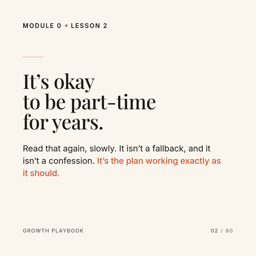 Card 9 of 13: It’s okay to be part-time for years. Read that again, slowly. It isn’t a fallback, and it isn’t a confession. It’s the plan working exactly as it should.