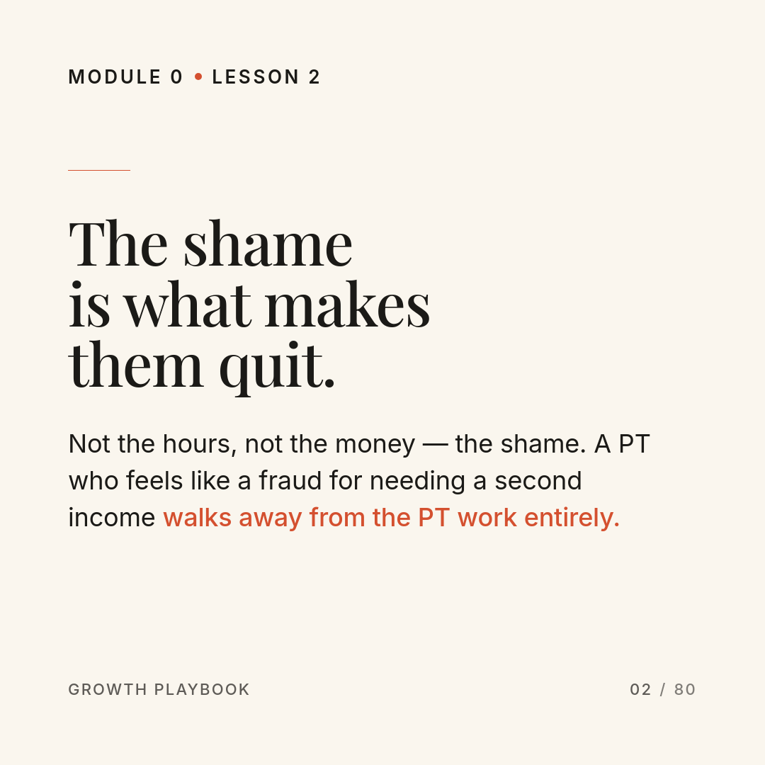 Card 10 of 13: The shame is what makes them quit. Not the hours, not the money — the shame. A PT who feels like a fraud for needing a second income walks away from the PT work entirely.
