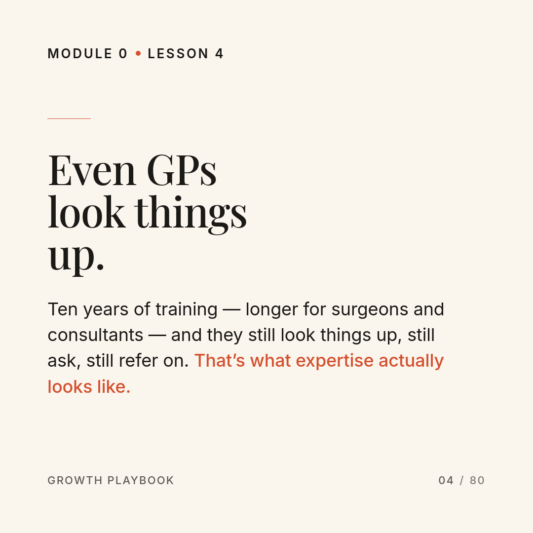 Card 4 of 8: Even GPs look things up. Ten years of training — longer for surgeons and consultants — and they still look things up, still ask, still refer on. That’s what expertise actually looks like.