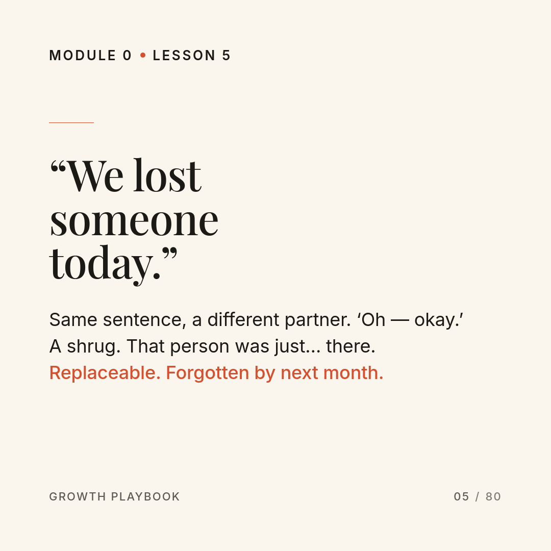 Card 3 of 10: “We lost someone today.” Same sentence, a different partner. ‘Oh — okay.’ A shrug. That person was just… there. Replaceable. Forgotten by next month.