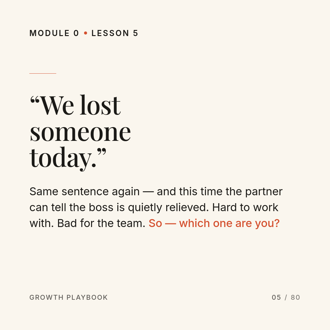Card 4 of 10: “We lost someone today.” Same sentence again — and this time the partner can tell the boss is quietly relieved. Hard to work with. Bad for the team. So — which one are you?