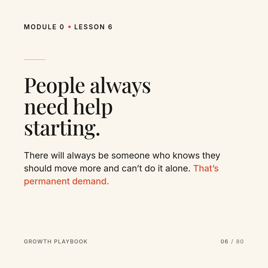 Card 5 of 8: People always need help starting. There will always be someone who knows they should move more and can’t do it alone. That’s permanent demand.